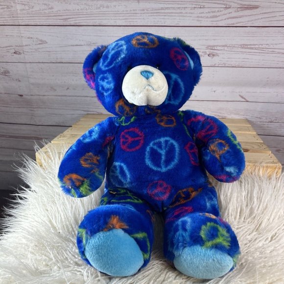 Build-A-Bear Workshop Plush Dark Blue Peace Sign Teddy Bear Stuffed Animal 14" - Picture 2 of 7